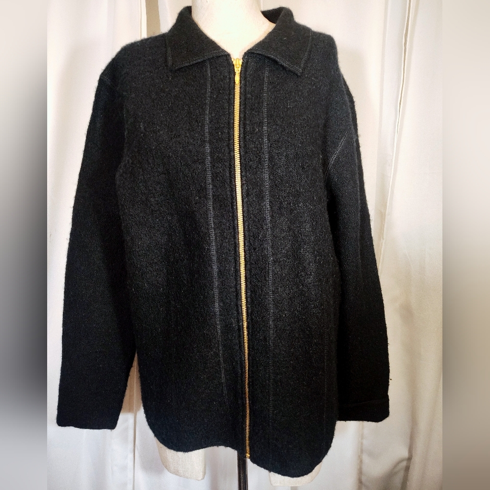 Pendleton Wool Cardigan, Women Black Zip Up, Collar, Textured, XL/16
